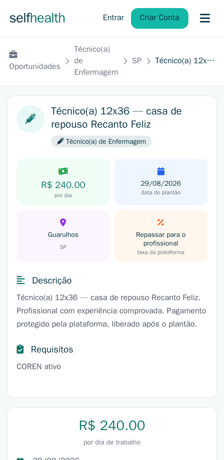 Detalhe do plantão com valor, data e pagamento protegido
